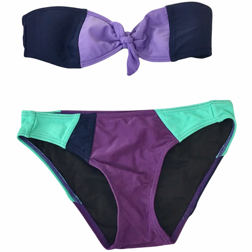 Camilla & Marc Bandeau Strapless Swim Bikini Navy Purple Teal Colorblock
